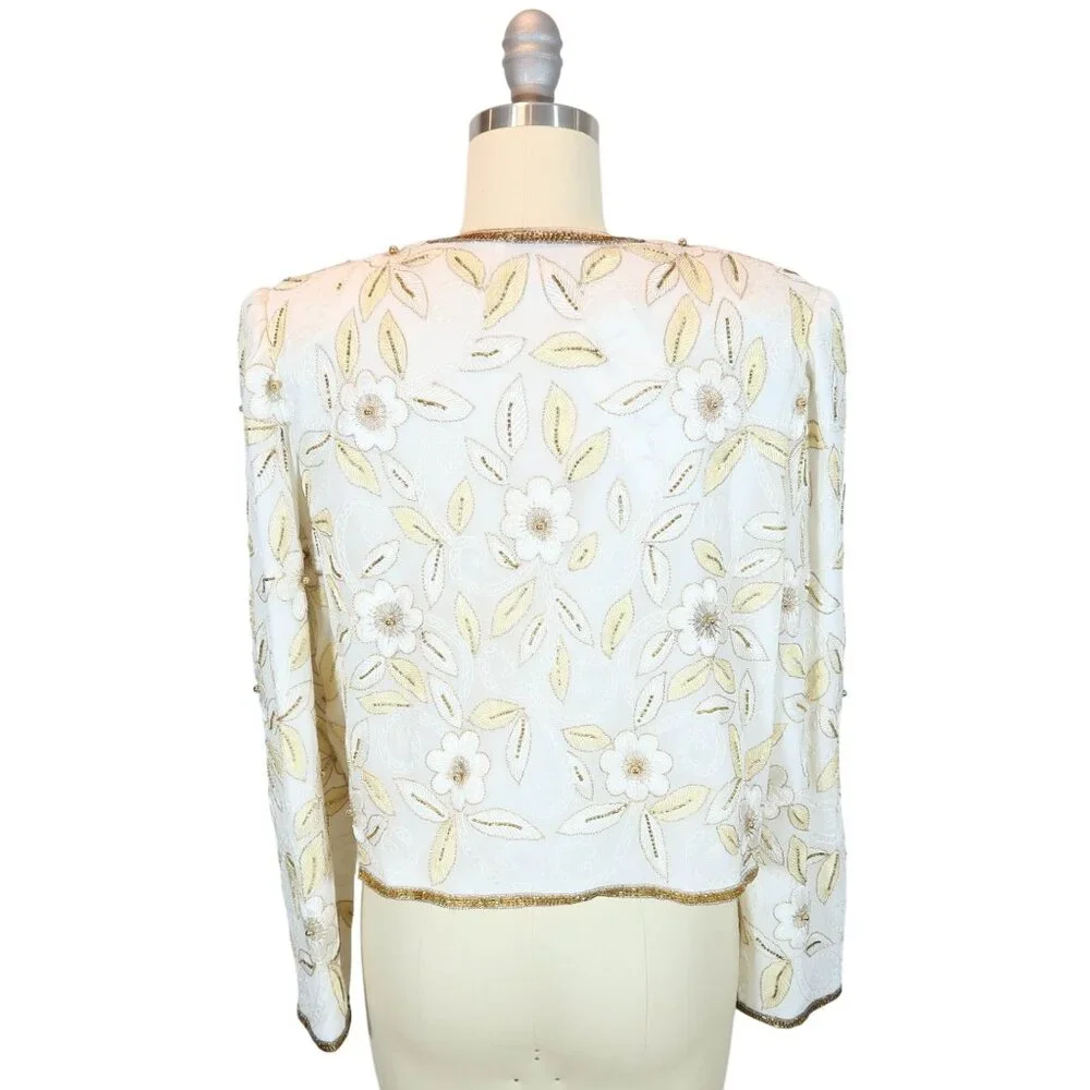 LAURENCE KAZAR Vintage Beaded Cropped Formal Jacket Size Lp NWT NOS Cream Gold - Picture 4 of 8